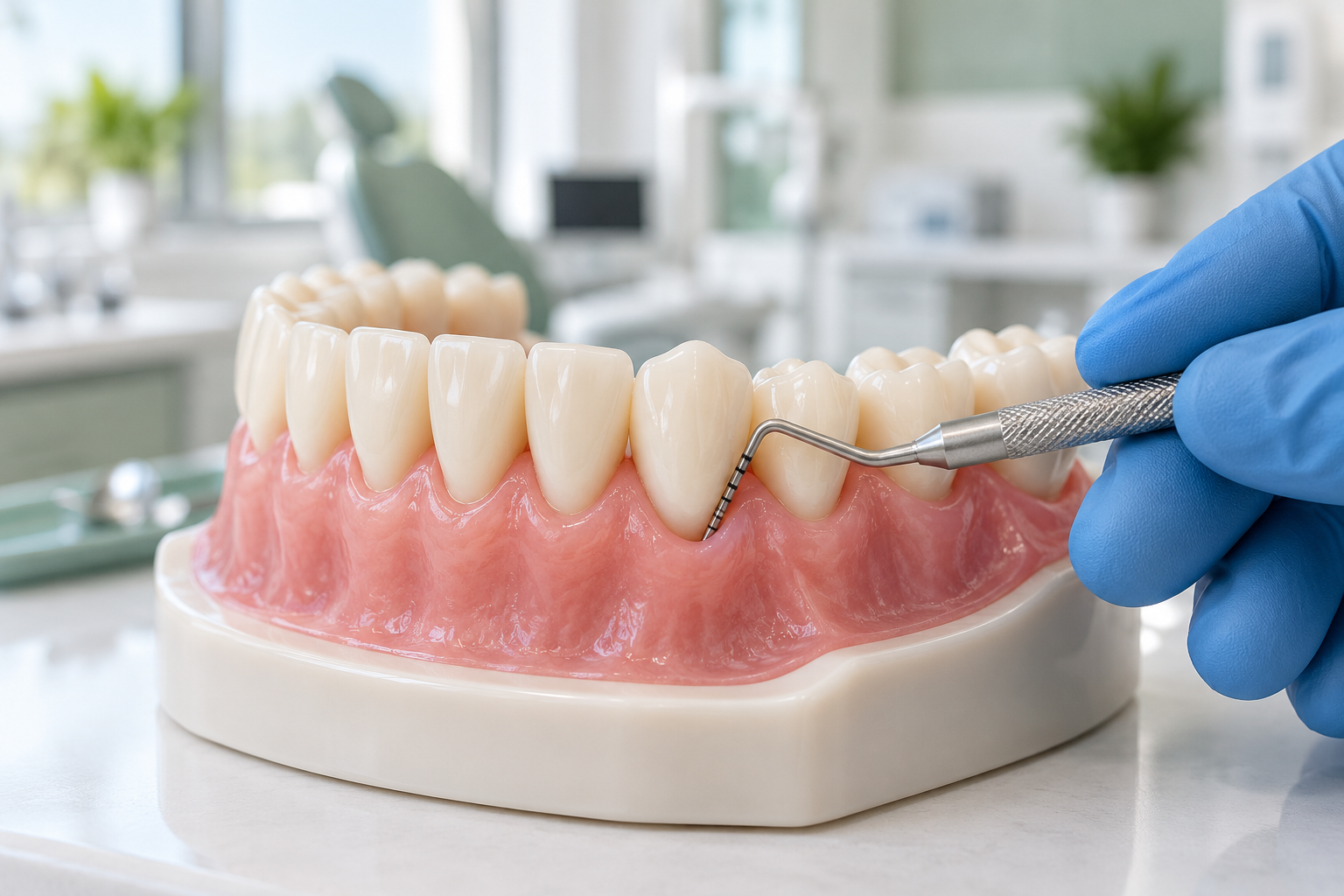 Diş modelinde periodontal prob ile diş eti muayenesi gösterimi